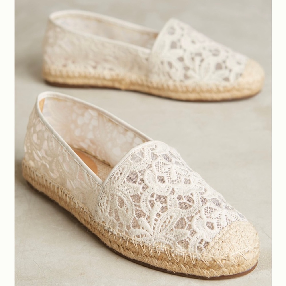 Anthropologie Lace Espadrilles in Cream with Natural Jute EUC
